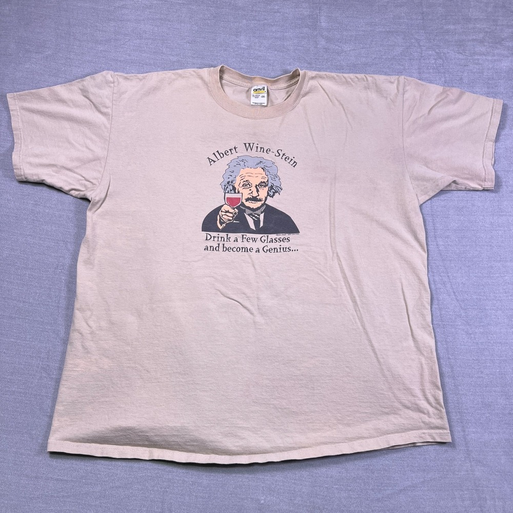Vintage Anvil Mens Beige Short Sleeve Albert Einstein Wine-Stein T-Shirt Size 2X